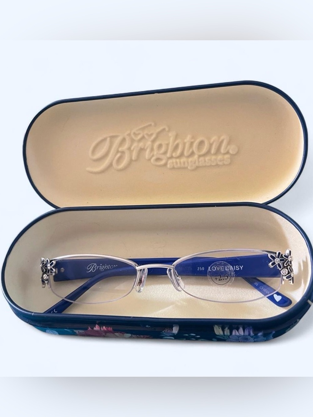 Brighton Love Daisy Rimless Reading Glasses in Blue with Silver Floral Temples